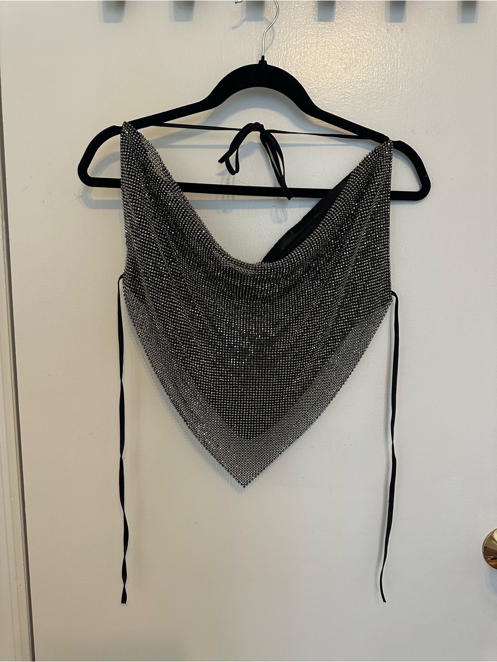 AKIRA Black Rhinestone Mesh Halter Scarf Top